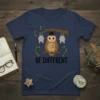 Be Different t-shirt design featuring a cute owl wearing a hat and two hanging bats on branches