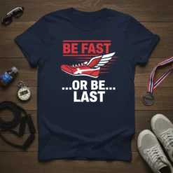 Be Fast Or Be Last t-shirt design with a red winged running shoe and bold typography