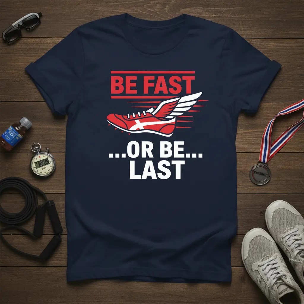 Be Fast Or Be Last quote with winged running shoe graphic on athletic t-shirt design