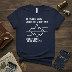 Navy t-shirt with white text: 'BE FEARFUL WHEN OTHERS ARE GREEDY AND OVERBOUGHT OVERSOLD GREEDY WHEN OTHERS FEARFUL.' featuring a