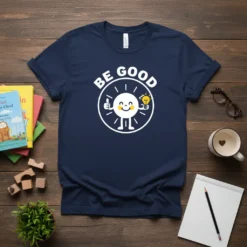 BE GOOD quote on a navy blue t-shirt with a cartoon sun giving a thumbs up and holding a lightbulb