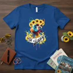 BE Happy French Bulldog wearing a sunflower crown, surrounded by sunflowers and watercolor splashes, on a royal blue t-shirt