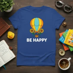 BE HAPPY t-shirt with a hot air balloon and sunflowers graphic, featuring bold white text and bright colors