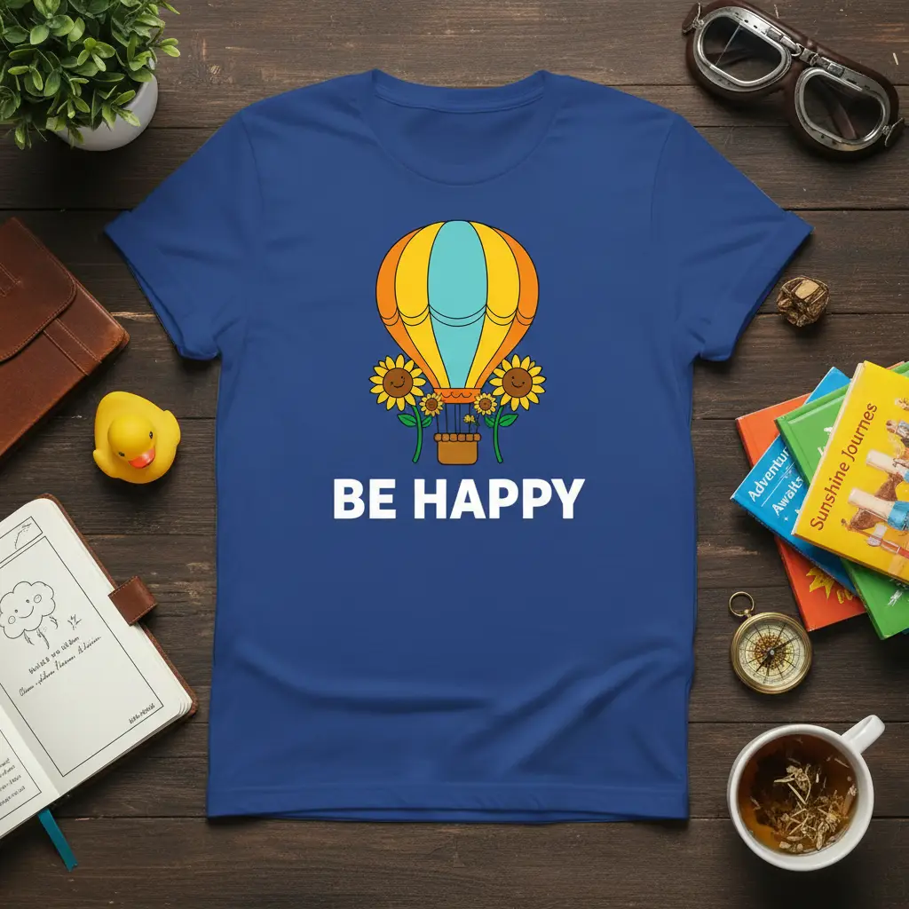 Be Happy Hot Air Balloon Sunflower T-Shirt Positive Quote Gift