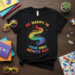 T-shirt with colorful text "Be Happy In Your Own Infinite Way" and a rainbow path with diverse people holding hands