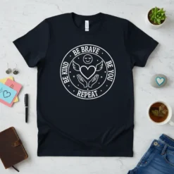 Circle design with text BE KIND BE BRAVE BE YOU REPEAT, featuring hands holding a heart with wings and a