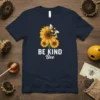 BE KIND Bee t-shirt with sunflowers and a bumblebee graphic, featuring white typography on a navy blue shirt