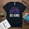 BE KIND t-shirt with purple and pink swirl heart hands graphic and white text