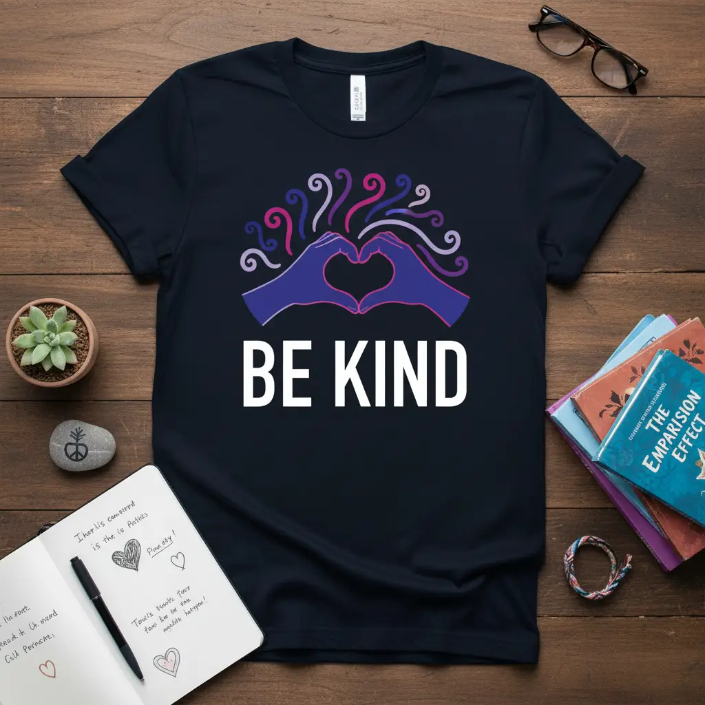 BE KIND t-shirt featuring purple and pink heart hands graphic and bold white text for a message of kindness