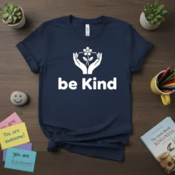 Navy blue t-shirt with white "be Kind" text and a graphic of hands holding a sprouting flower