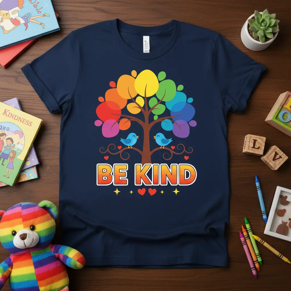 Be Kind quote t-shirt featuring a vibrant rainbow tree with birds and inspirational text
