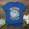 Be Kind To All Kinds t-shirt with cartoon monster, hands, and various animals and children, promoting kindness and empathy