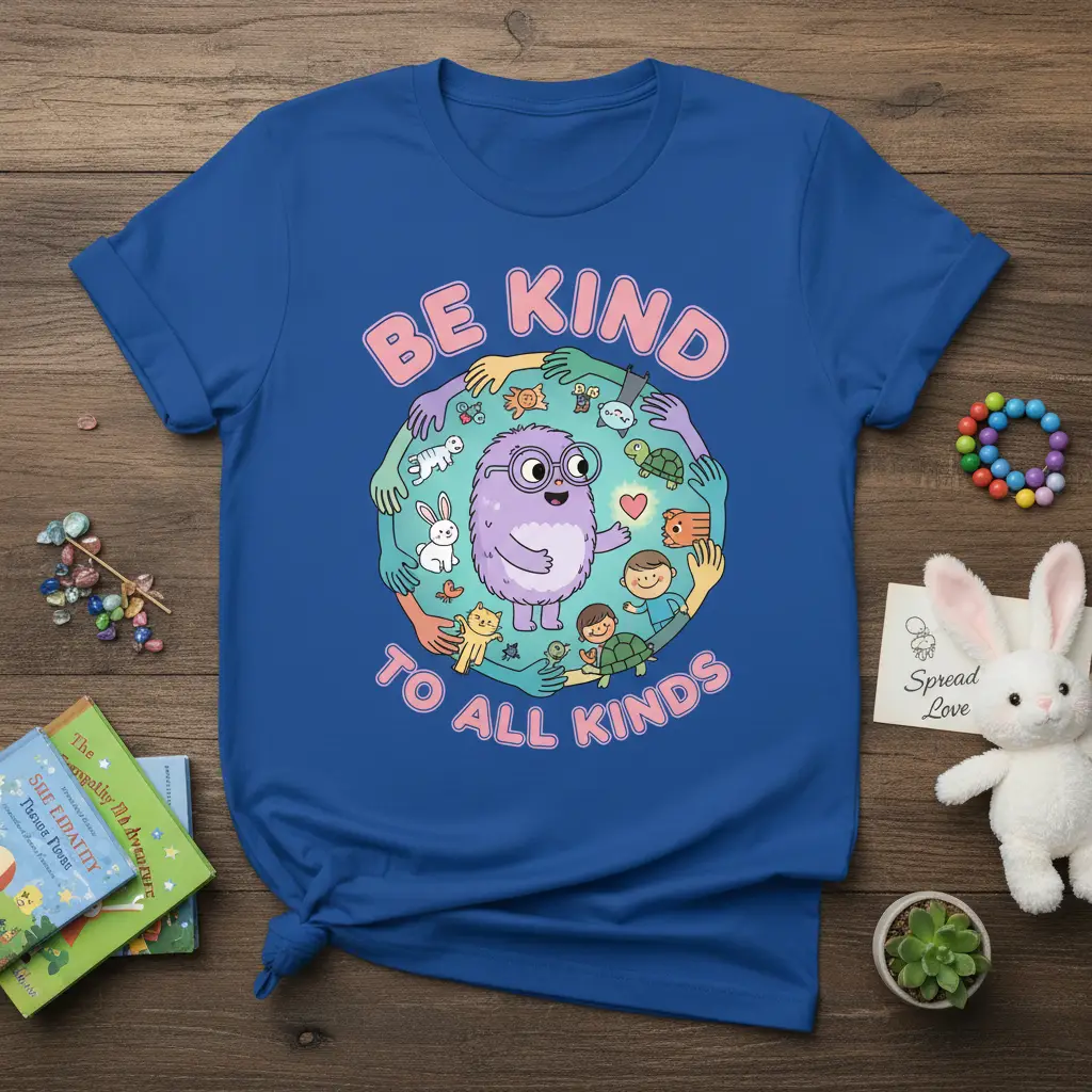 Be Kind To All Kinds quote on a t-shirt featuring a cute monster, diverse hands, and various animals and children in a
