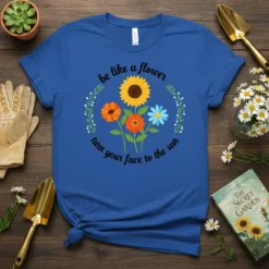 Be like a flower turn your face to the sun quote with sunflower and daisies graphic on blue t-shirt