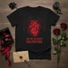 Black t-shirt with red gothic heart and bat wings design that says "BE MY BLOODY VALENTINE"