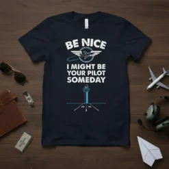 Be Nice I Might Be Your Pilot Someday text with airplane graphic and airport control tower on a navy t-shirt