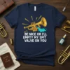 Trumpet player t-shirt with the funny quote "Be Nice Or I'll Empty My Spit Valve On You" and a cartoon