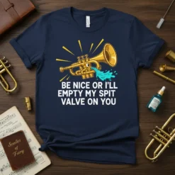 Trumpet player t-shirt with the funny quote "Be Nice Or I'll Empty My Spit Valve On You" and a cartoon