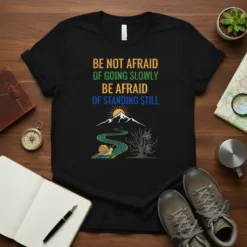 Quote "Be Not Afraid Of Going Slowly Be Afraid Of Standing Still" on a black t-shirt with snail, mountain, and