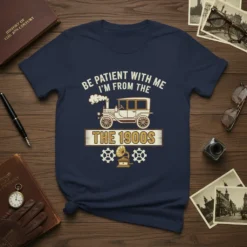 Vintage t-shirt design with text "Be Patient With Me I'm From The 1900s" and a classic car illustration