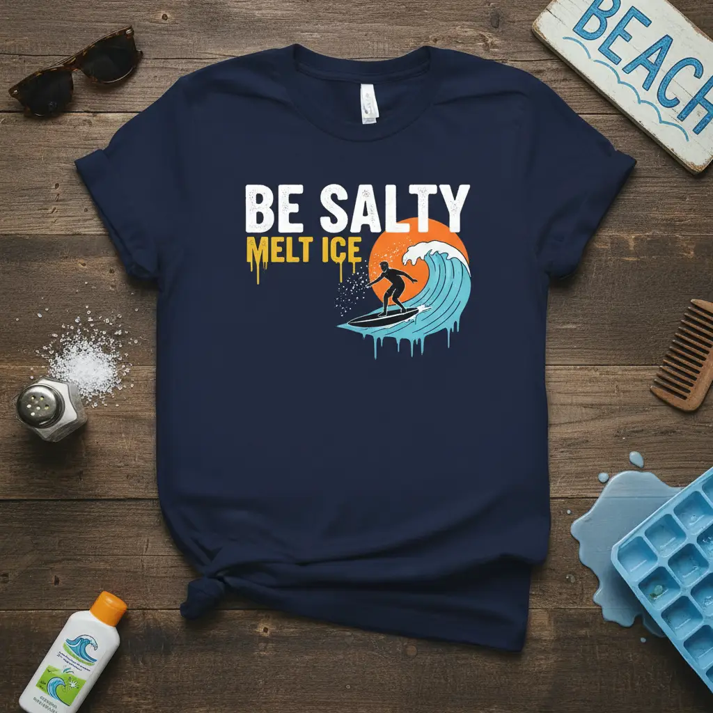 Be Salty Melt Ice quote on a navy t-shirt with a surfer riding a wave graphic