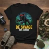 Black panther wearing a red bandana with text "BE SAVAGE NOT AVERAGE" on a t-shirt design