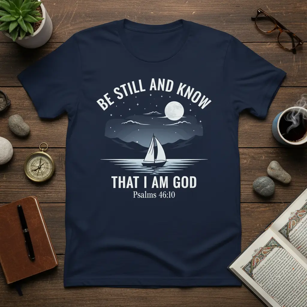 Be Still And Know That I Am God Psalms 46:10 quote on a navy t-shirt with a sailboat and moon graphic