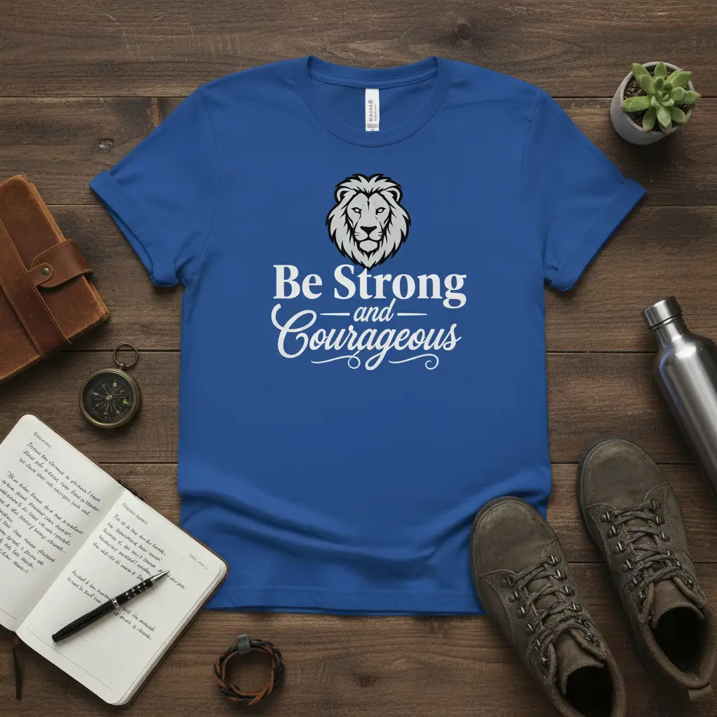 Be Strong and Courageous quote and lion head graphic on a royal blue t-shirt for motivational wear