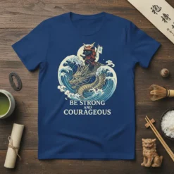Be Strong and Courageous t-shirt design with a samurai cat riding a dragon through waves