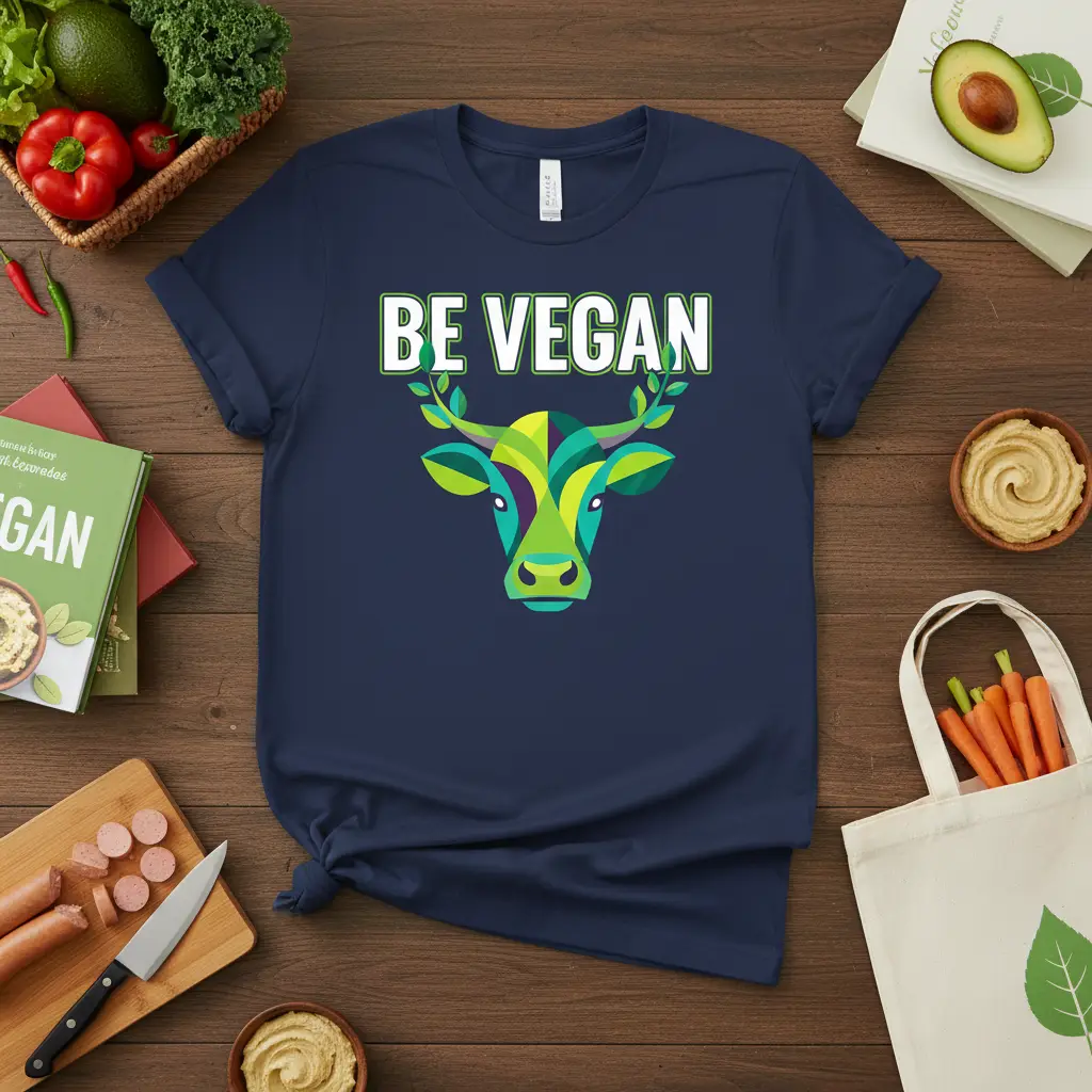 Navy blue BE VEGAN t-shirt with stylized cow graphic and green leaves