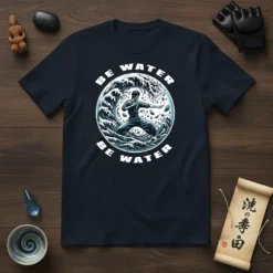 Be Water Be Water martial arts t-shirt design with a warrior in waves, symbolizing fluidity and strength