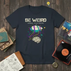 T-shirt with "BE WEIRD NORMAL IS SO BORING" text, featuring a dirigible pulling a brain graphic, dark navy blue