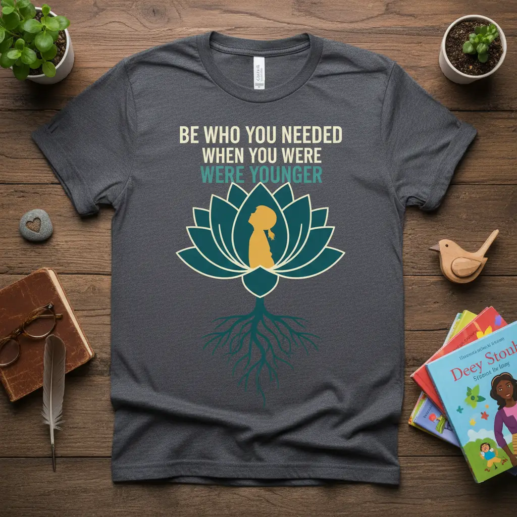 Be Who You Needed When You Were Younger quote tee with lotus flower and child silhouette