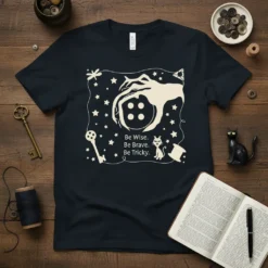 T-shirt design featuring the quote "Be Wise. Be Brave. Be Tricky." with fantasy-inspired graphics like a button, key, and cat