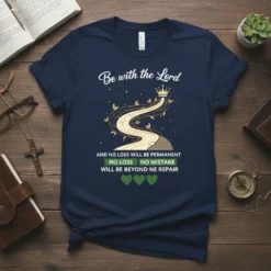 Be with the Lord scripture quote t-shirt with a winding path graphic and crown