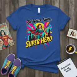 Be Your Own Super Hero quote with a female superhero graphic on a blue t-shirt