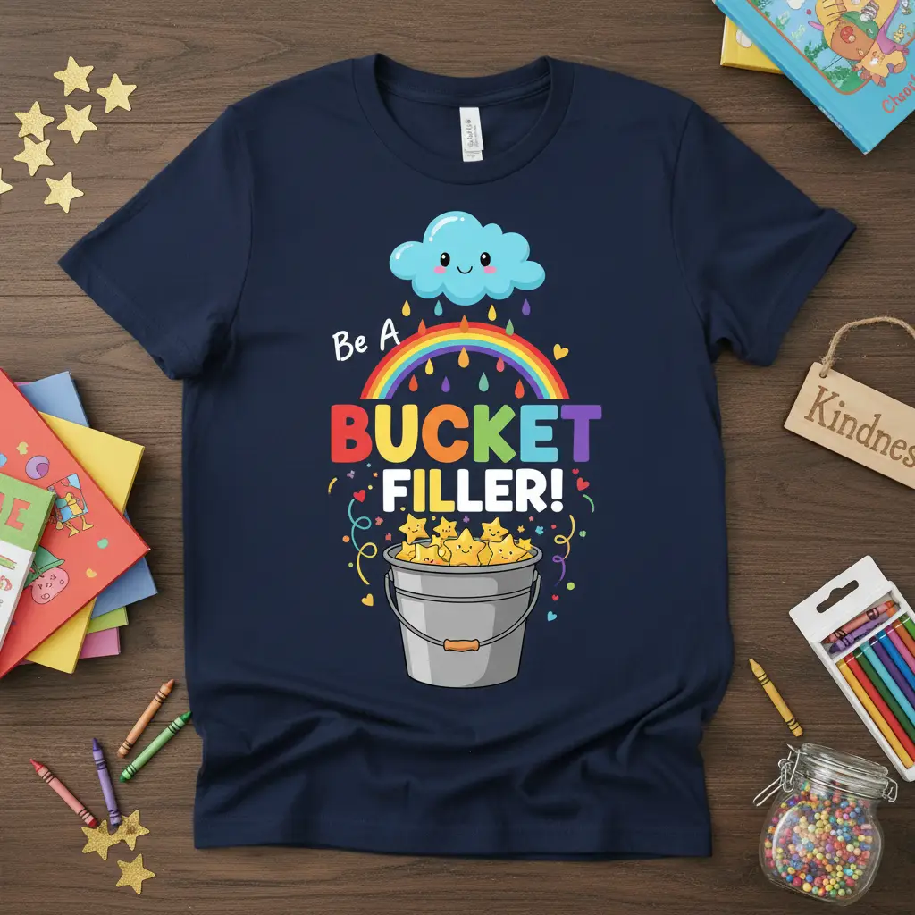 Be A Bucket Filler! inspirational quote with rainbow, cloud, and star bucket design on a navy tee