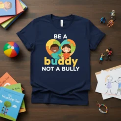 Navy t-shirt with white text "BE A buddy NOT A BULLY" and a colorful puzzle heart graphic featuring two smiling