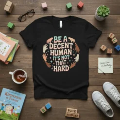 Black t-shirt with "BE A DECENT HUMAN IT'S NOT THAT HARD" text and diverse hands in a circle graphic