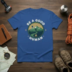 Be A Good Human t-shirt design featuring a hiker, mountains, and campfire in a circular emblem