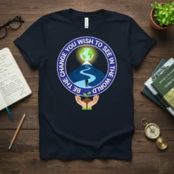 Be the change you wish to see in the world quote on a t-shirt with earth and hands holding a