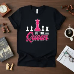 Black t-shirt with "Be The Queen" text and chess pieces graphic, featuring a pink queen piece