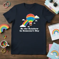 Be the Rainbow In Someone's Sky quote on a navy t-shirt with a rainbow hot air balloon graphic