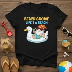 Beach Gnome Life's A Beach text with a gnome on a swan float, wearing sunglasses and holding a drink