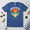 Retro Beach Haven New Jersey t-shirt design with a sunset, palm trees, and ocean waves