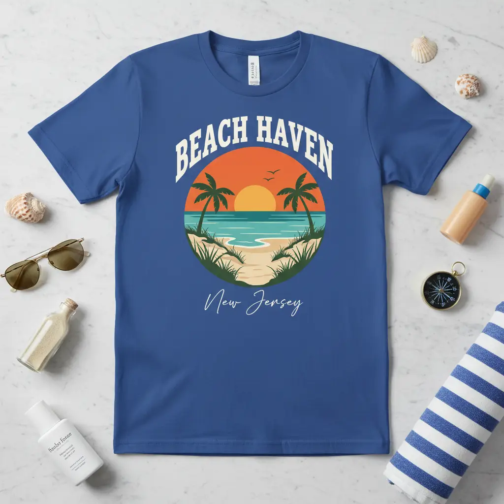 Beach Haven New Jersey Retro Sunset Palm Tree T-Shirt