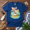 Beach Please text graphic on a blue t-shirt featuring a gnome character relaxing on a pineapple float in the ocean