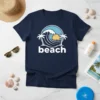 Navy t-shirt with white text "beach" below a stylized ocean wave, palm trees, and sun graphic