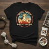 Beagle Family Forever Friends text with cartoon beagles playing inside a circle with retro sunset background on a black t-shirt