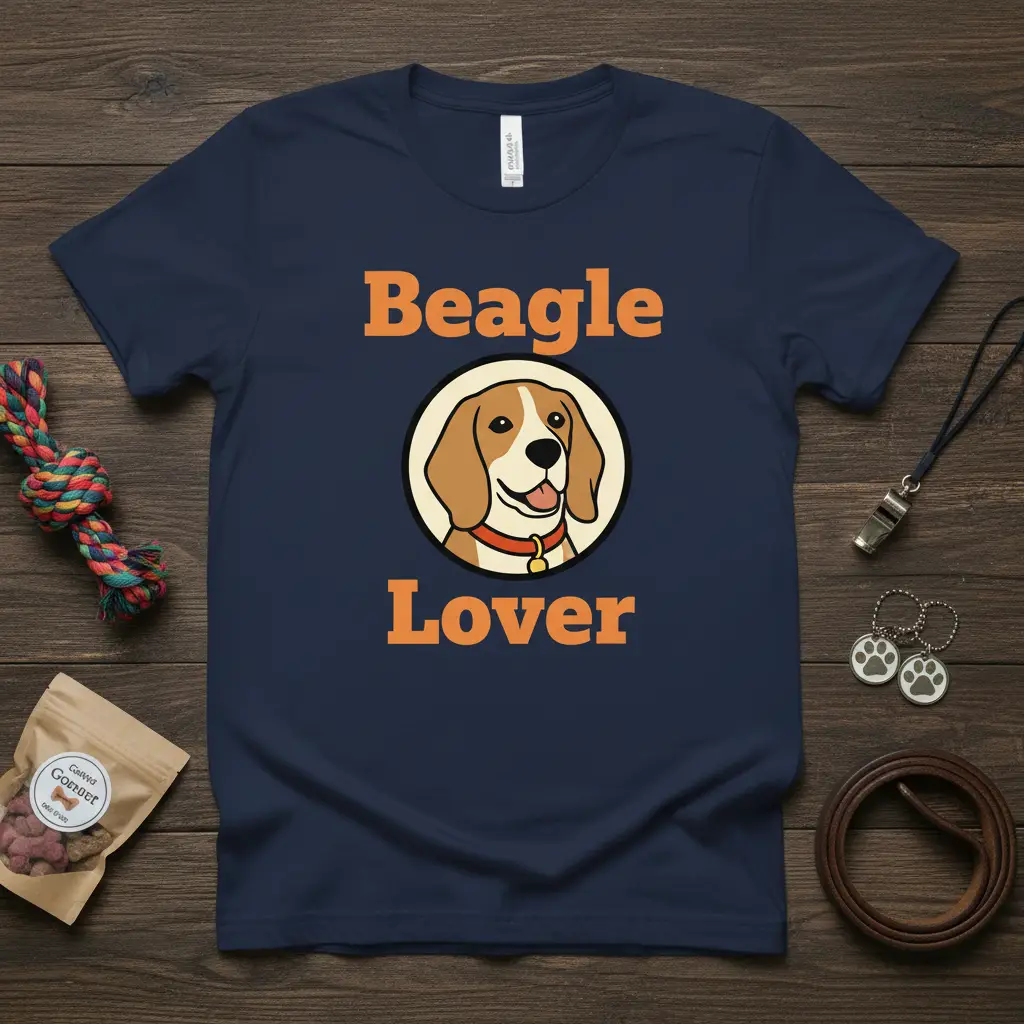 Beagle Lover text and cartoon beagle face graphic on a navy blue t-shirt